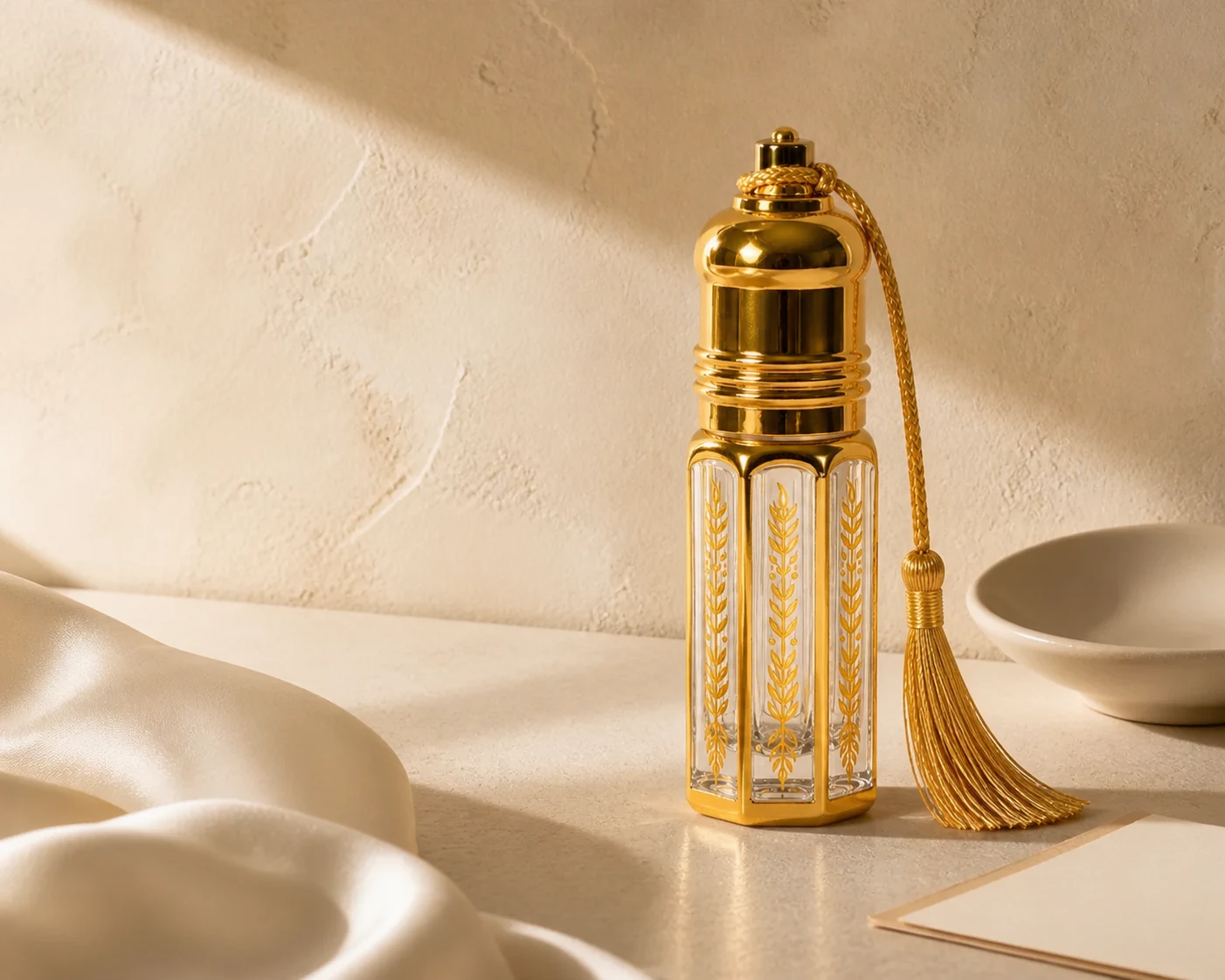 A gold Gilded Whisper perfume bottle with a tassel on a sunlit pearl stone dressing table