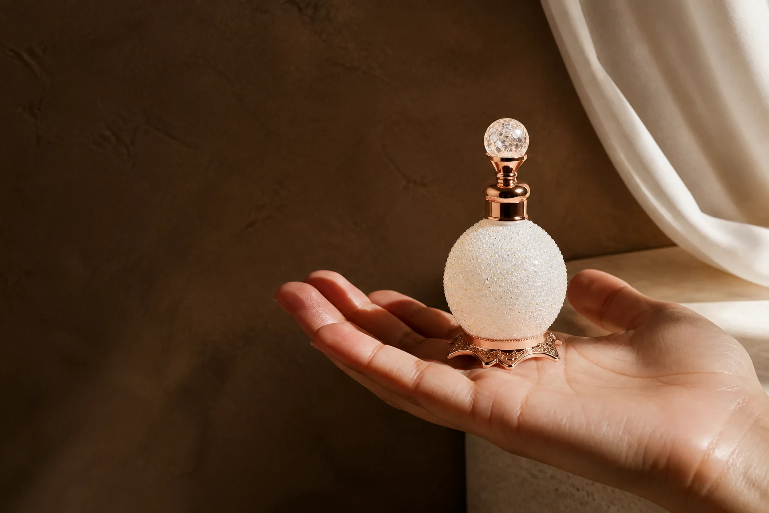 A pearl-white Stardust Sun perfume bottle held in an open hand against a warm umber wall