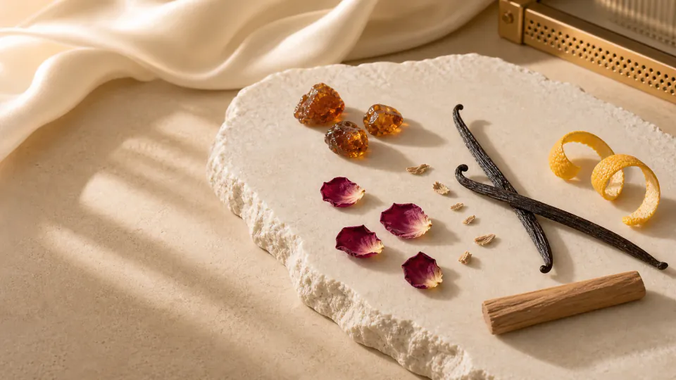Fragrance notes arranged on a pearl stone surface