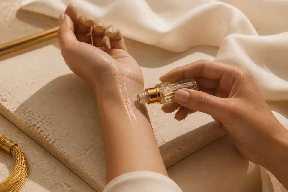 Perfume oil being applied to the wrist on ivory silk and warm stone